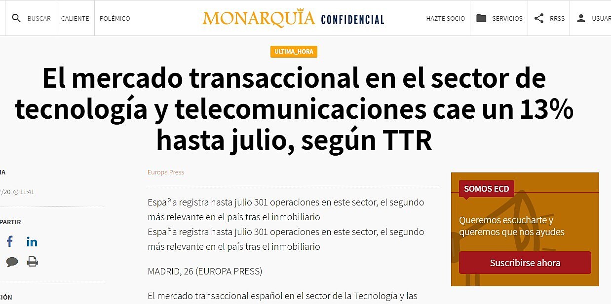 El mercado transaccional en el sector de tecnologa y telecomunicaciones cae un 13% hasta julio, segn TTR